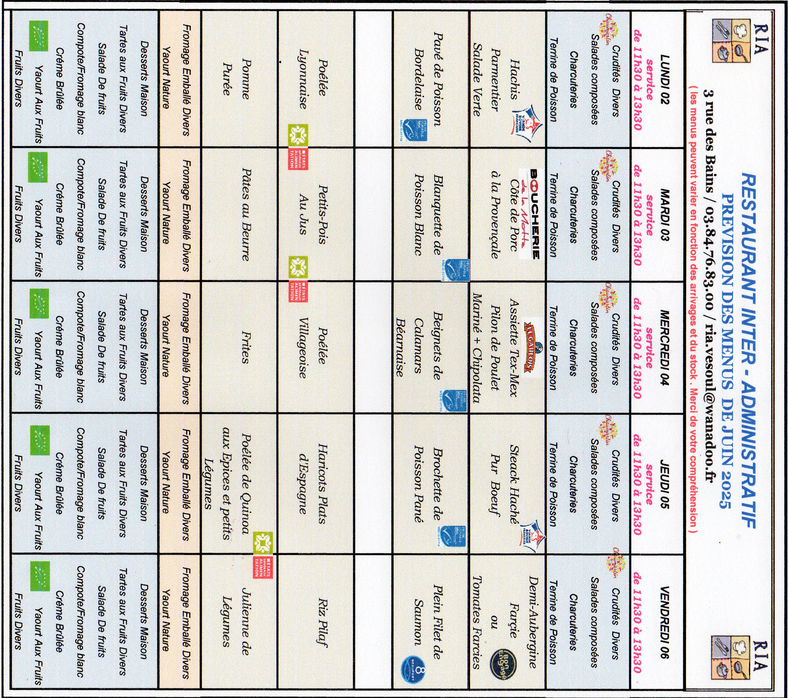 Menus Juin 1